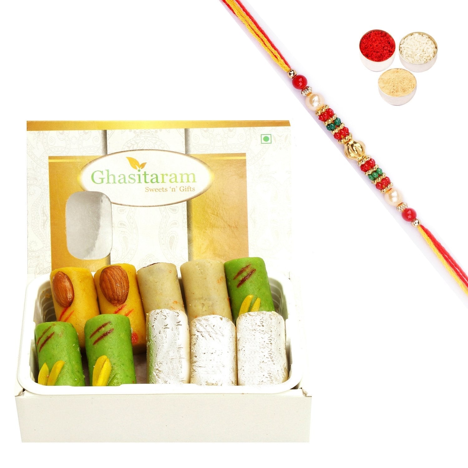 Ghasitaram Assorted Rolls Box With Pearl Beads Rakhi 