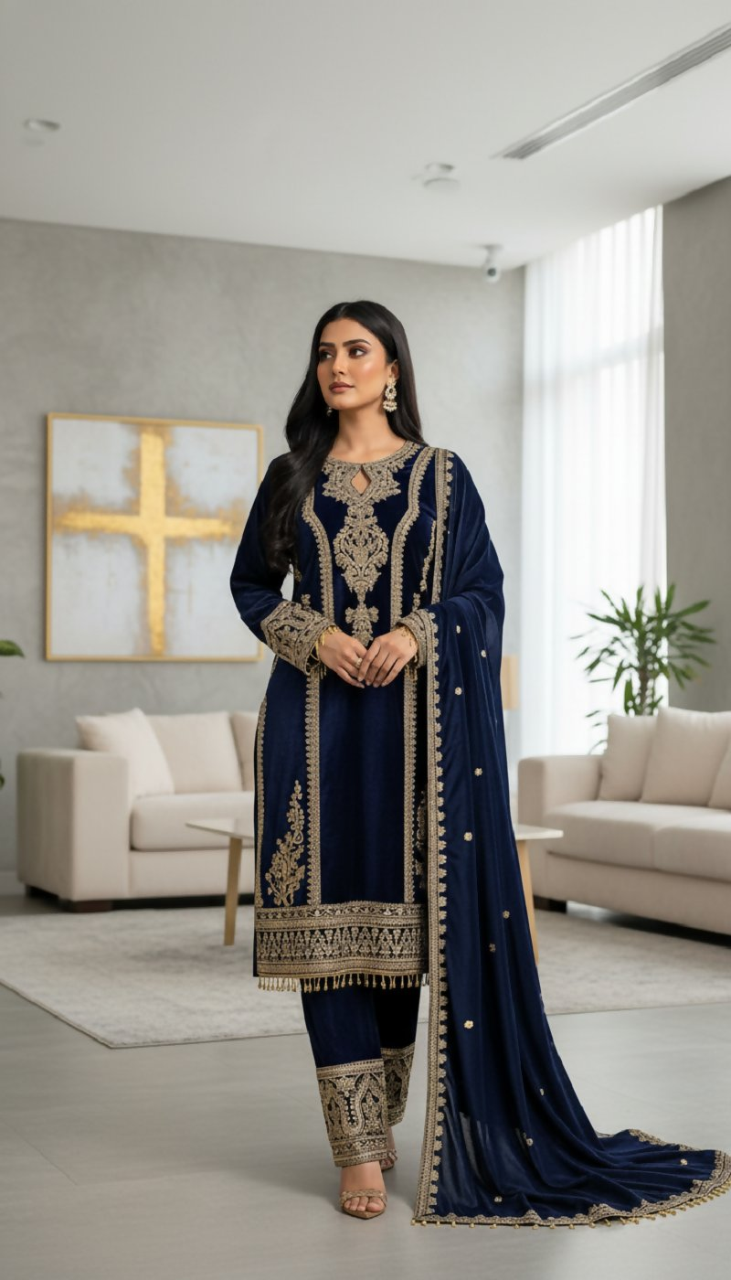 Joban Fashion Blue Velvet Embroidery Sequence Work Readymade Kurta Set