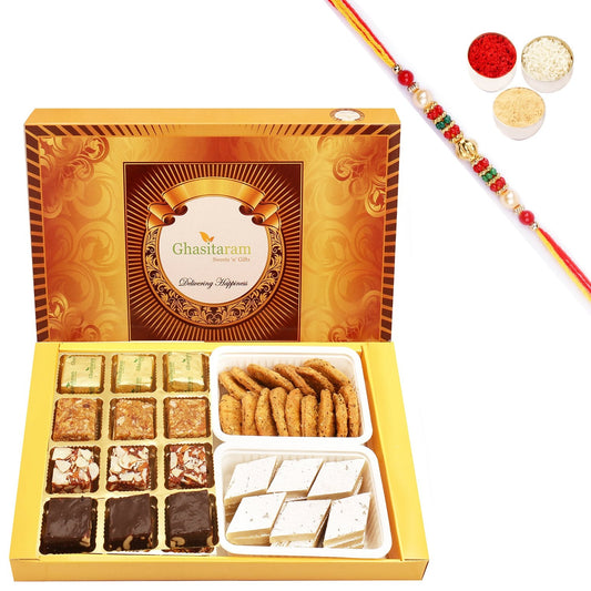 Ghasitaram Assorted Bites, Kaju Katli and Methi Mathi With Pearl Beads Rakhi - Grab2buy