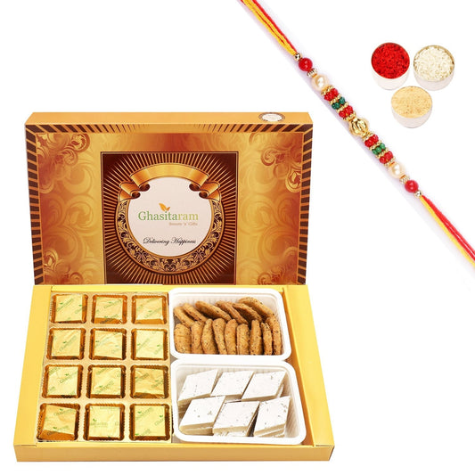 Ghasitaram Mewa Bites, Kaju Katli and Methi Mathi With Pearl Beads Rakhi 