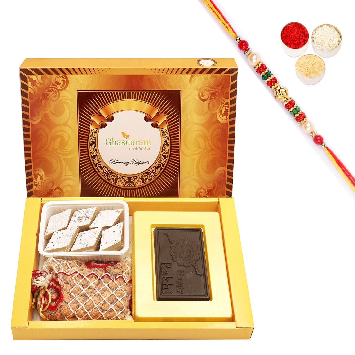Ghasitaram Happy Rakhi Chocolate, Almonds and Kaju Katli With Pearl Beads Rakhi 