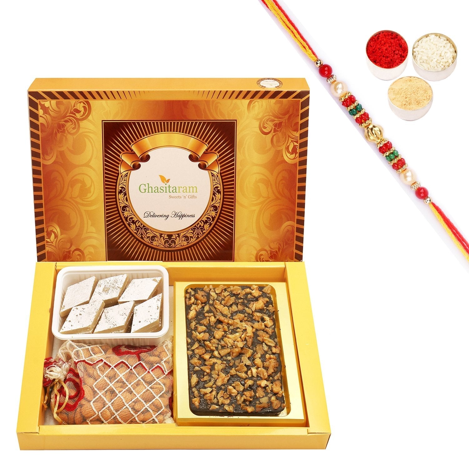 Ghasitaram Walnut Chocolate Bark, Almonds and Kaju Katli With Pearl Beads Rakhi 