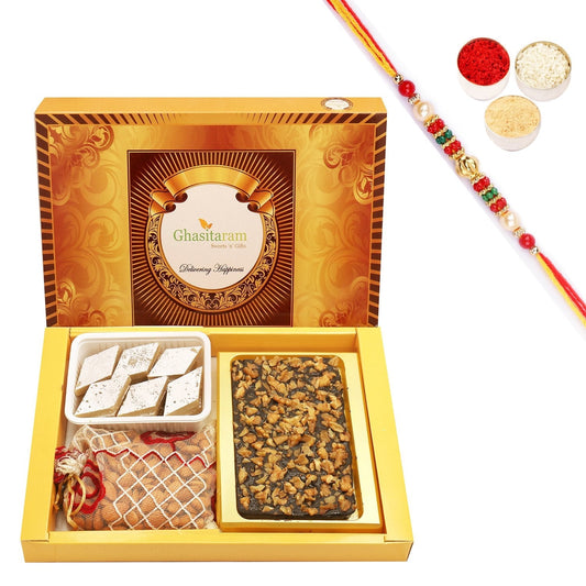 Ghasitaram Walnut Chocolate Bark, Almonds and Kaju Katli With Pearl Beads Rakhi 