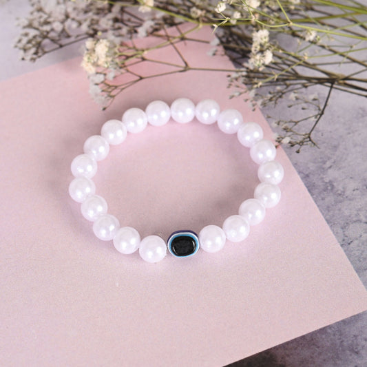 NVR Men & Women White Evil Eye Crystal Elasticated Bracelet | Grab2Buy