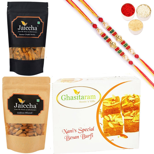 Ghasitaram Besan Barfi, Butter Chakli Sticks and Almonds With 2 Pearl Beads Rakhis 