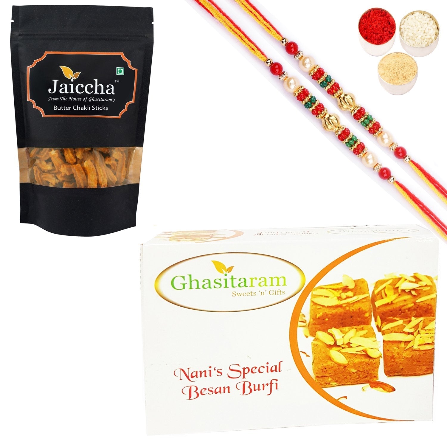 Ghasitaram Besan Barfi and Butter Chakli Sticks With 2 Pearl Beads Rakhis 