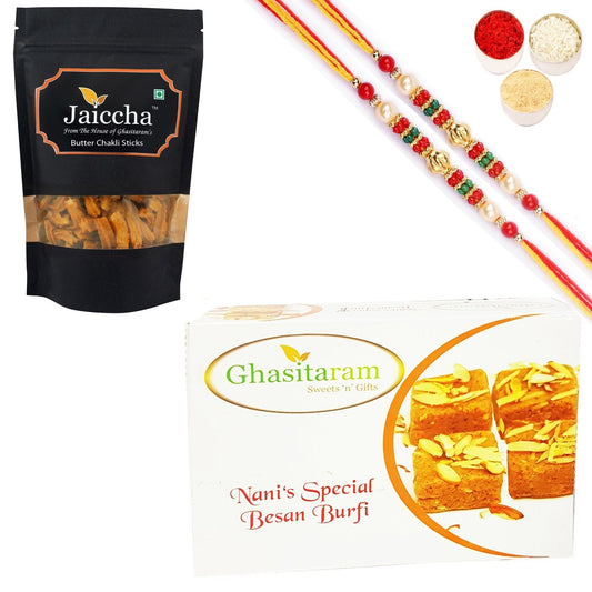 Ghasitaram Besan Barfi and Butter Chakli Sticks With 2 Pearl Beads Rakhis 