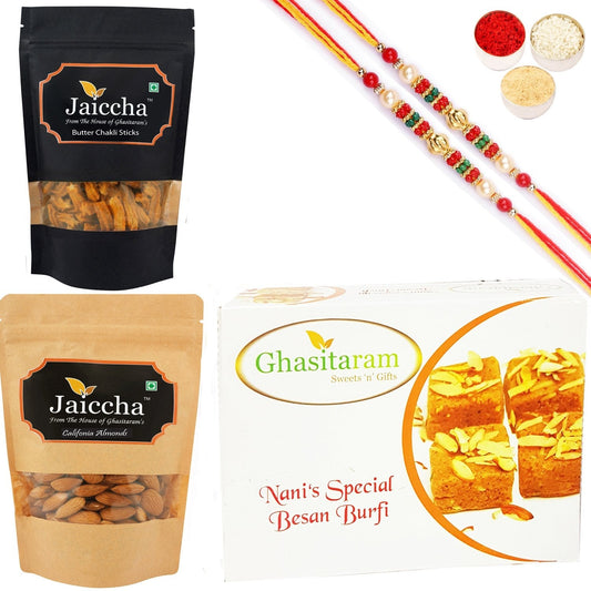 Ghasitaram Besan Barfi, Methi Mathi and Almonds With 2 Pearl Beads Rakhis 