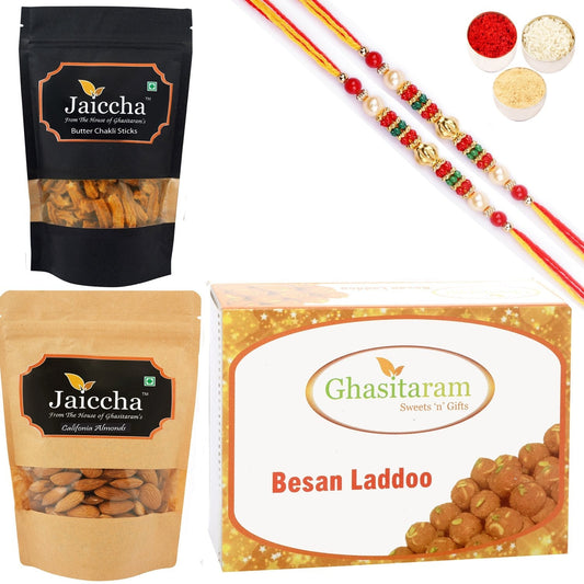 Ghasitaram Besan Laddoo, Butter Chakli Sticks and Almonds With 2 Pearl Beads Rakhis 