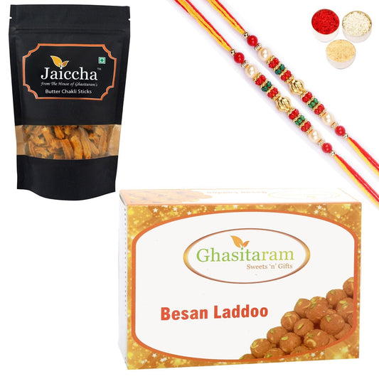 Ghasitaram Besan Laddoo and Butter Chakli Sticks With 2 Pearl Beads Rakhis 