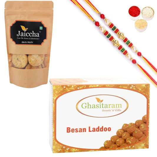 Ghasitaram Besan Laddoo and Methi Mathi With 2 Pearl Beads Rakhis 