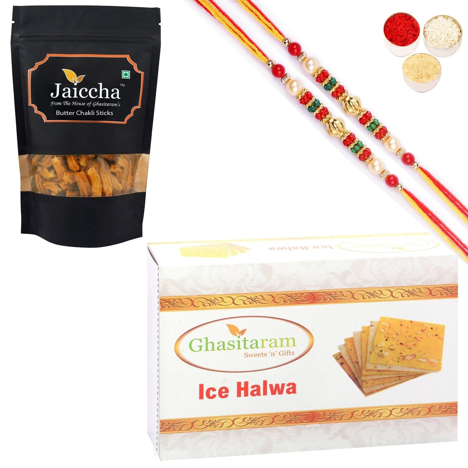 Ghasitaram Ice halwa and Butter Chakli Sticks With 2 Pearl Beads Rakhis 