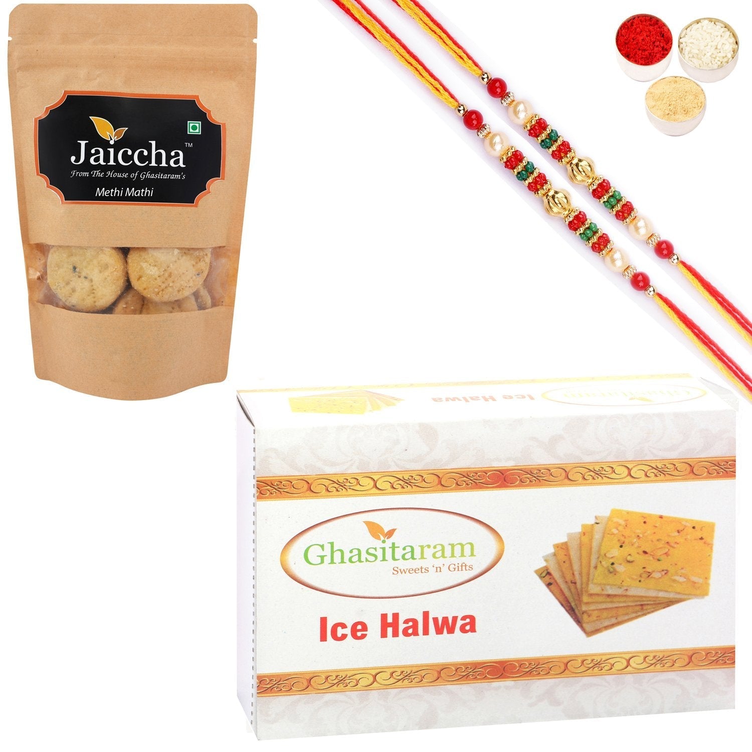 Ghasitaram Ice halwa and Methi Mathi With 2 Pearl Beads Rakhis 