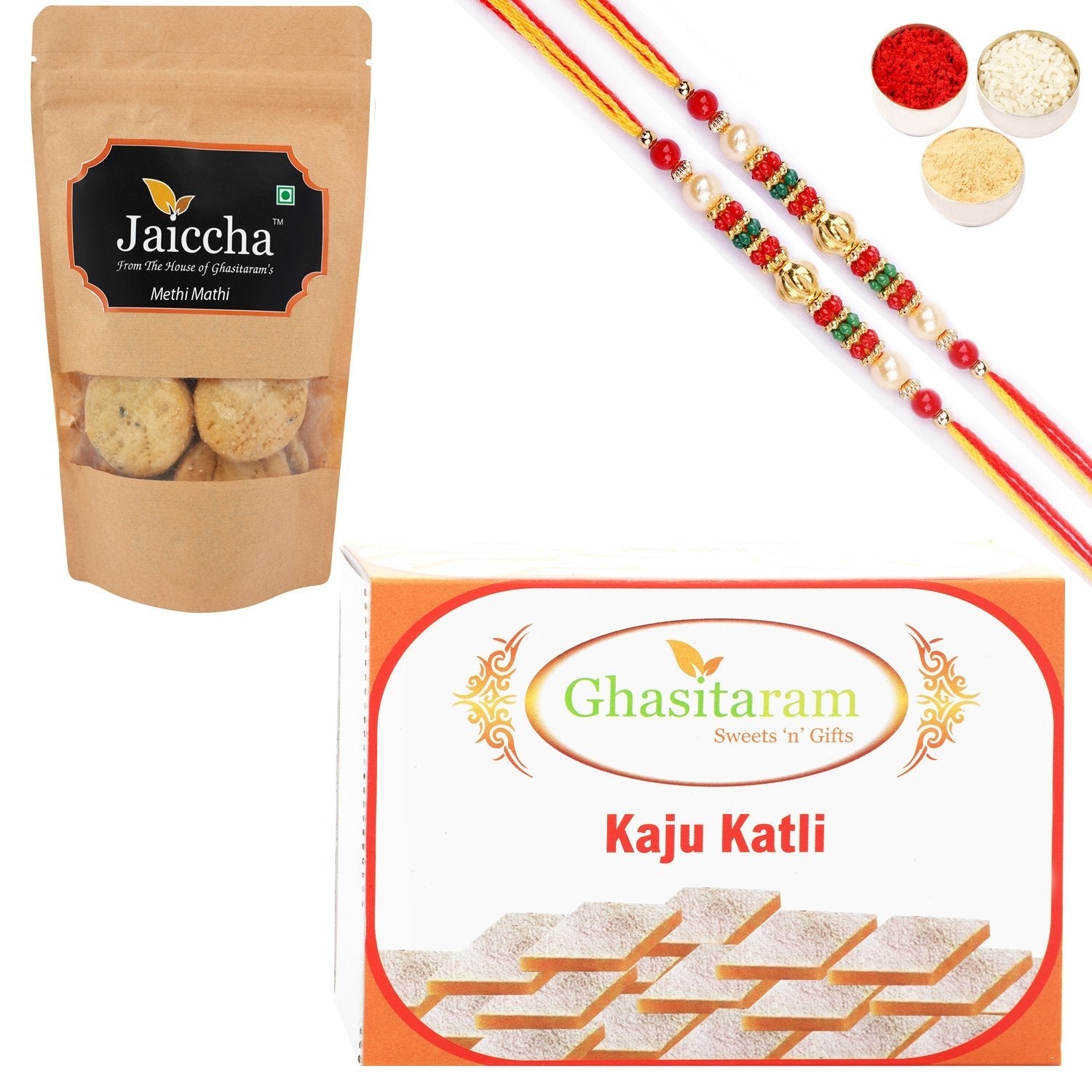 Ghasitaram Kaju Katli and Methi Mathi With 2 Pearl Beads Rakhis 