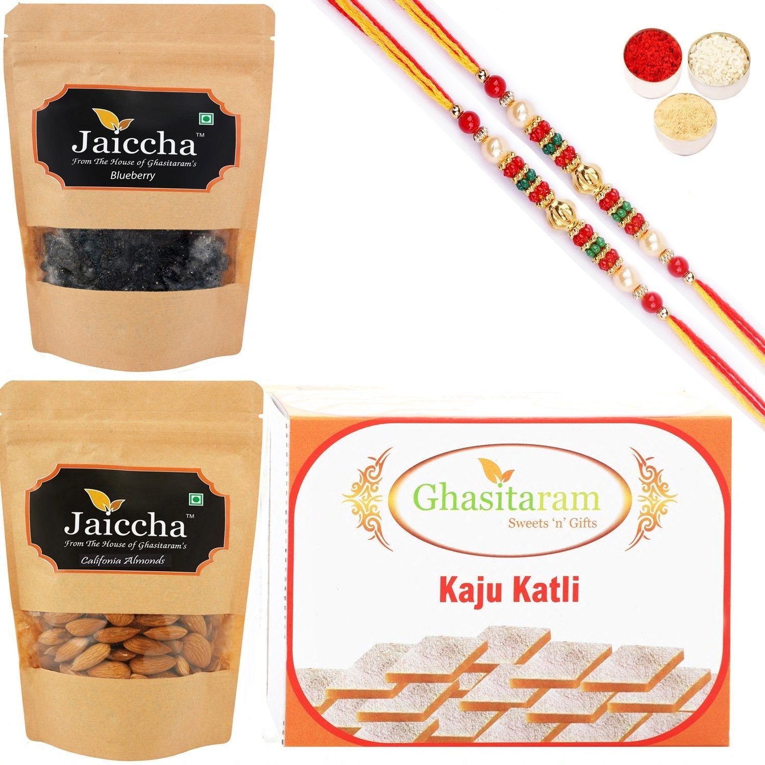 Ghasitaram Kaju Katli ,Blueberry and Almonds Pouch With 2 Pearl Beads Rakhis 