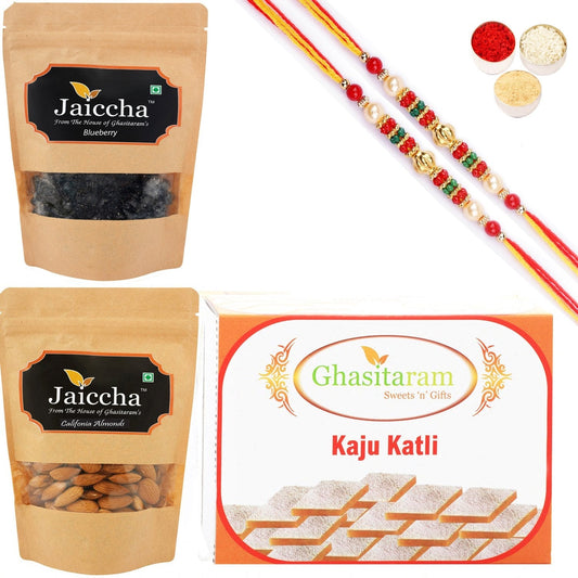 Ghasitaram Kaju Katli ,Blueberry and Almonds Pouch With 2 Pearl Beads Rakhis 