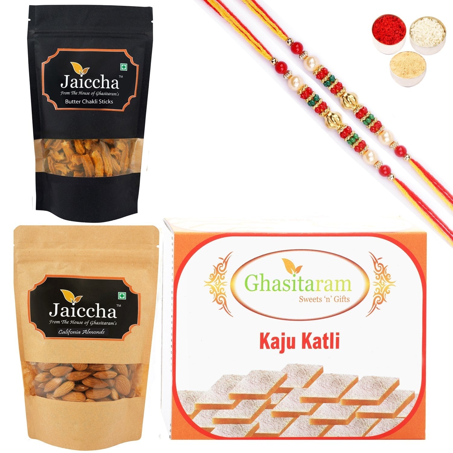 Ghasitaram Kaju Katli, Butter Chakli Sticks and Almonds With 2 Pearl Beads Rakhis 