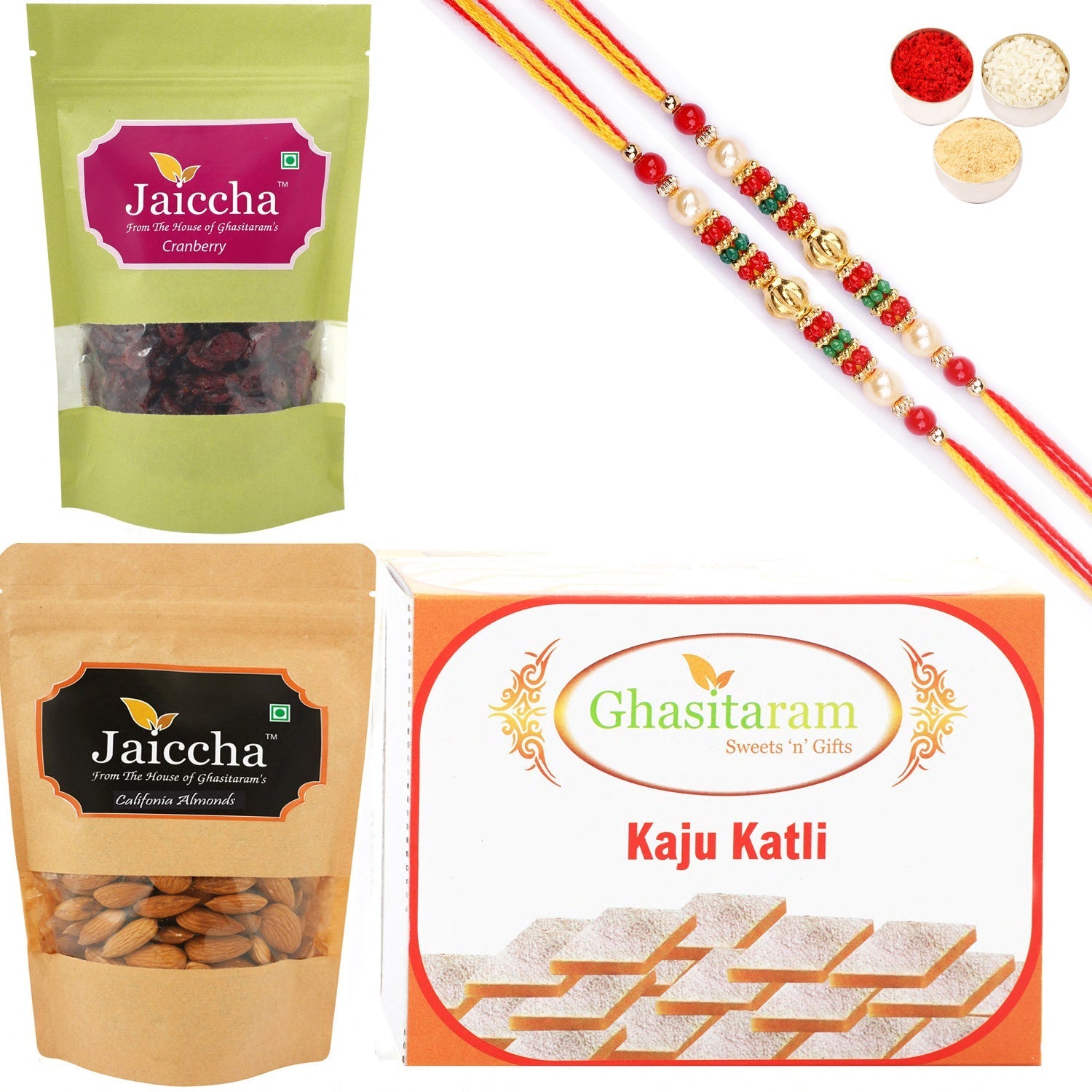 Ghasitaram Kaju Katli ,Cranberry and Almonds Pouch With 2 Pearl Beads Rakhis 