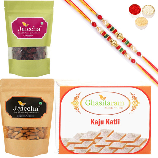 Ghasitaram Kaju Katli ,Cranberry and Almonds Pouch With 2 Pearl Beads Rakhis 