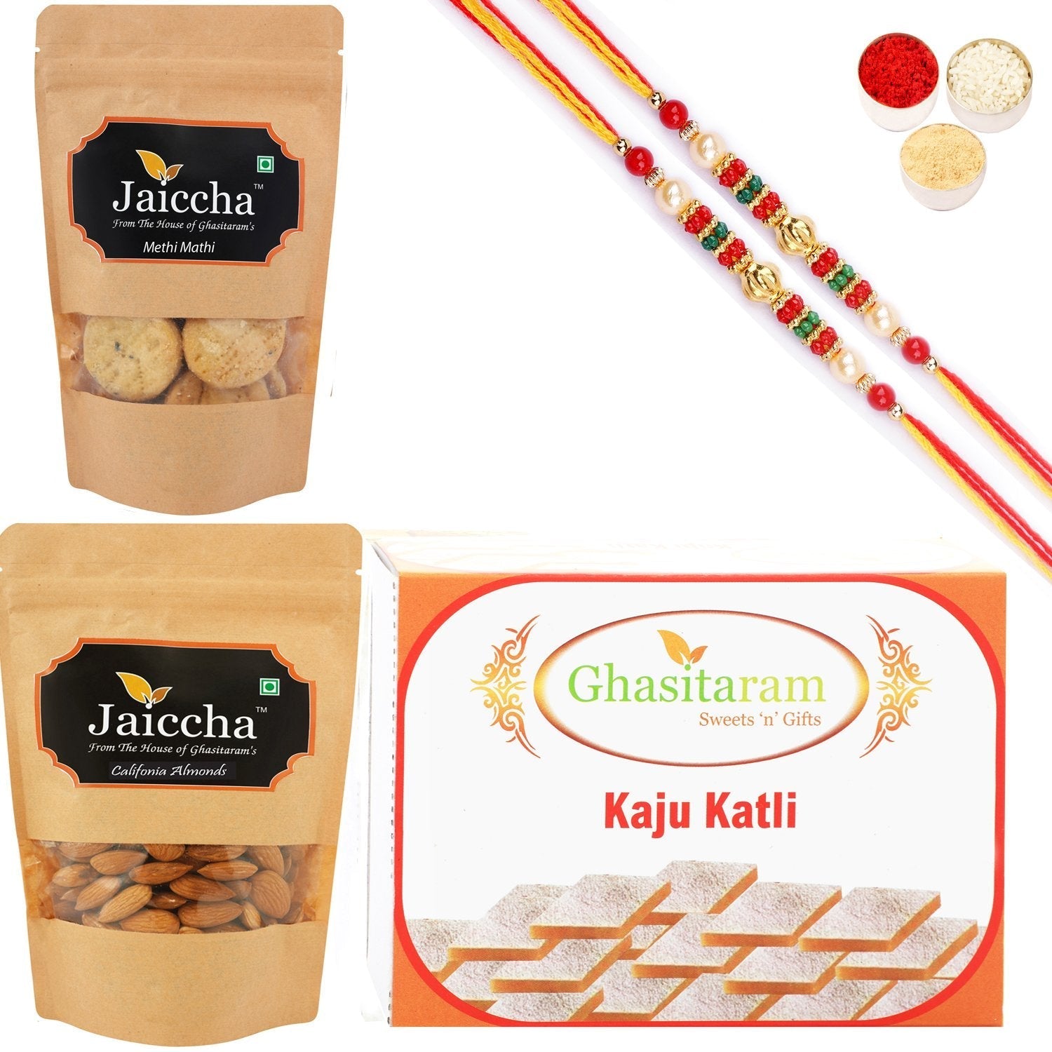 Ghasitaram Kaju Katli, Methi Mathi and Almonds With 2 Pearl Beads Rakhis 