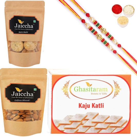 Ghasitaram Kaju Katli, Methi Mathi and Almonds With 2 Pearl Beads Rakhis 