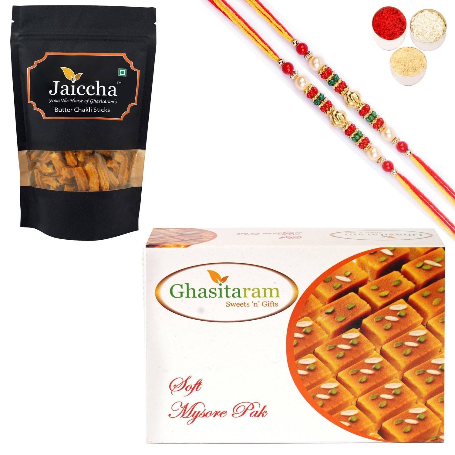 Ghasitaram Mysore Pak and Butter Chakli Sticks With 2 Pearl Beads Rakhis 