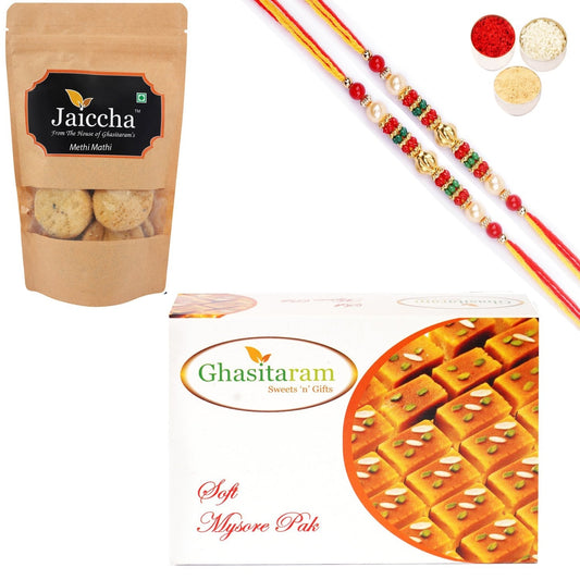 Ghasitaram Mysore Pak and Methi Mathi With 2 Pearl Beads Rakhis 