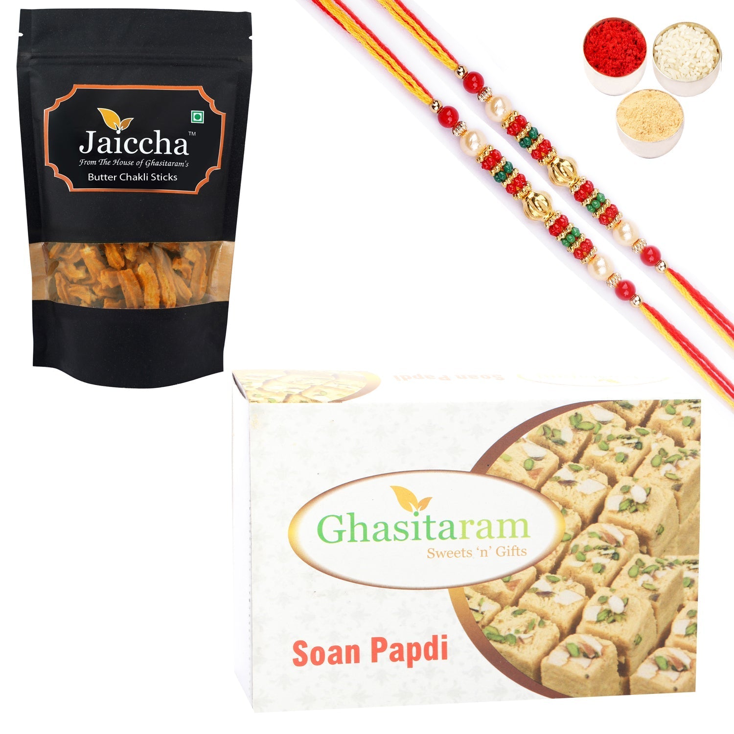Ghasitaram Soan Papdi and Butter Chakli Sticks With 2 Pearl Beads Rakhis 