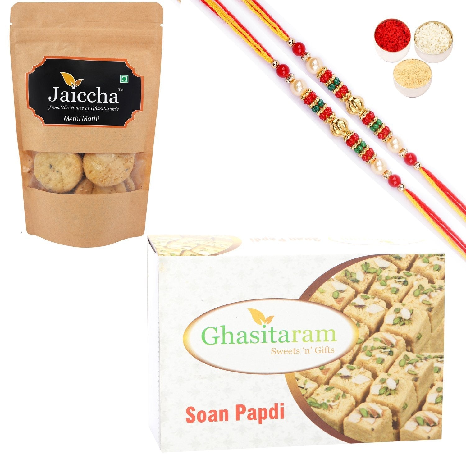 Ghasitaram Soan Papdi and Methi Mathi With 2 Pearl Beads Rakhis 
