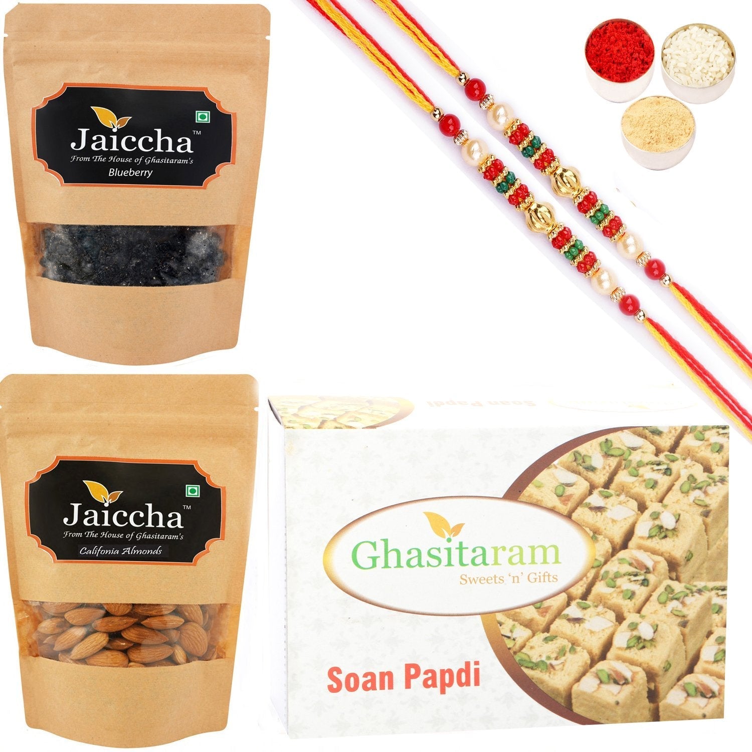 Ghasitaram Soan Papdi ,Blueberry and Almonds Pouch With 2 Pearl Beads Rakhis 