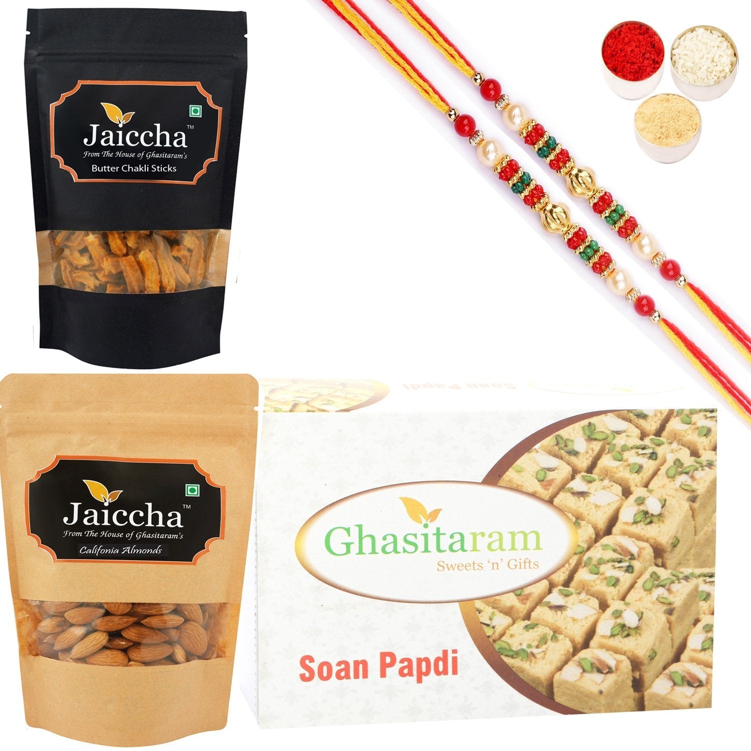 Ghasitaram Soan Papdi, Butter Chakli Sticks and Almonds With 2 Pearl Beads Rakhis 