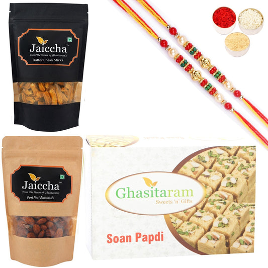 Ghasitaram Soan Papdi, Butter Chakli Sticks and Peri Peri Almonds With 2 Pearl Beads Rakhis 