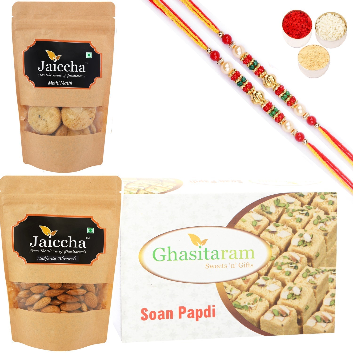 Ghasitaram Soan Papdi, Methi Mathi and Almonds With 2 Pearl Beads Rakhis 