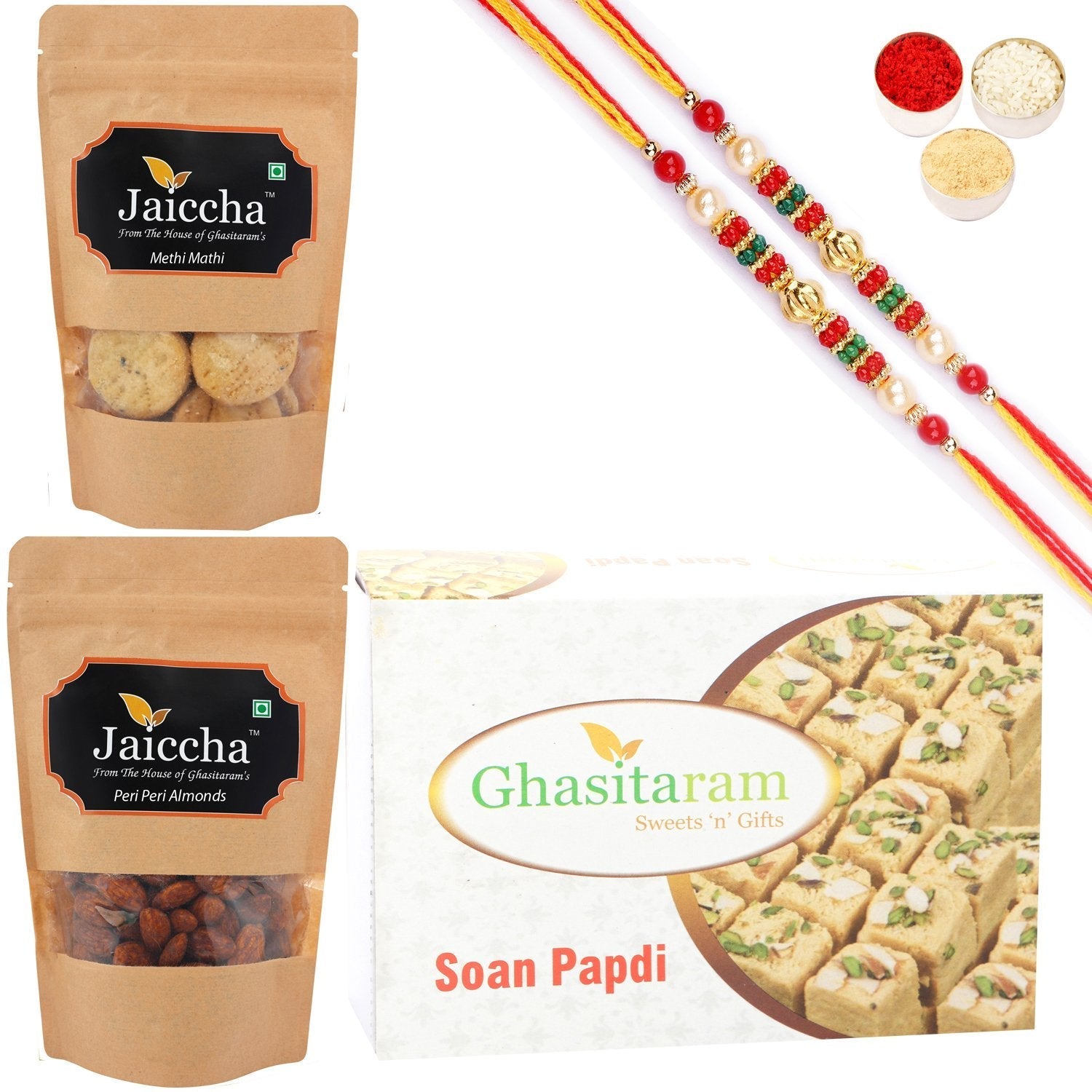 Ghasitaram Soan Papdi, Methi Mathi and Peri Peri Almonds With 2 Pearl Beads Rakhis 