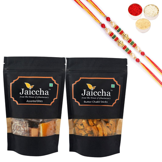 Ghasitaram Assorted Bites and Butter Chakli Sticks With 2 Pearl Beads Rakhis 