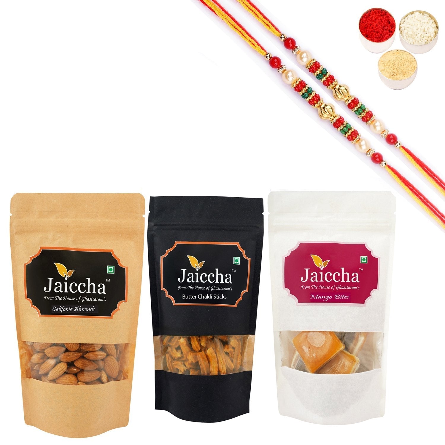 Ghasitaram Jaiccha Mango Bites, Butter Chakli Sticks and Almonds With 2 Pearl Beads Rakhis 