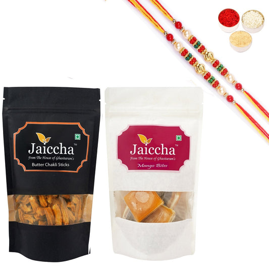 Ghasitaram Mango Bites and Butter Chakli Sticks With 2 Pearl Beads Rakhis 