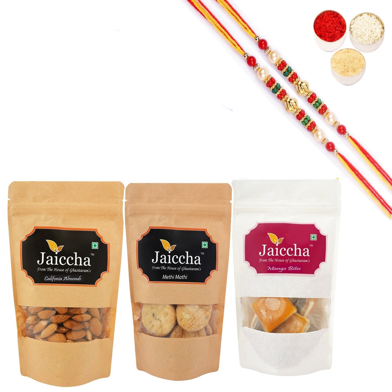 Ghasitaram jaiccha Mango Bites, Methi Mathi and Almonds With 2 Pearl Beads Rakhis 