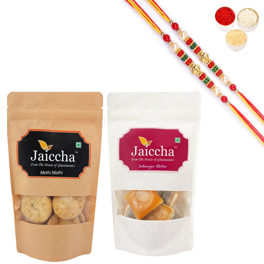 Ghasitaram Jaiccha Mango Bites and Methi Mathi With 2 Pearl Beads Rakhis 
