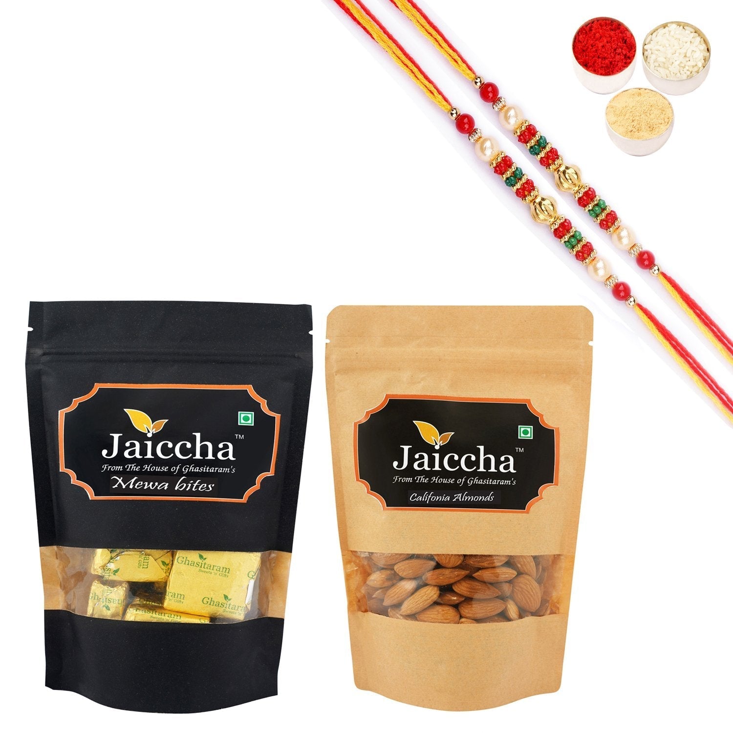 Ghasitaram Mewa Bites, Almonds With 2 Pearl Beads Rakhis 