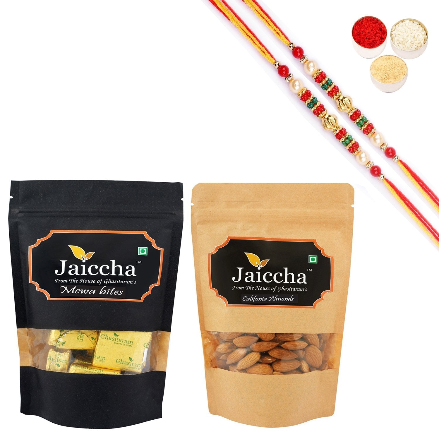 Ghasitaram Mewa Bites, Almonds With 2 Pearl Beads Rakhis 