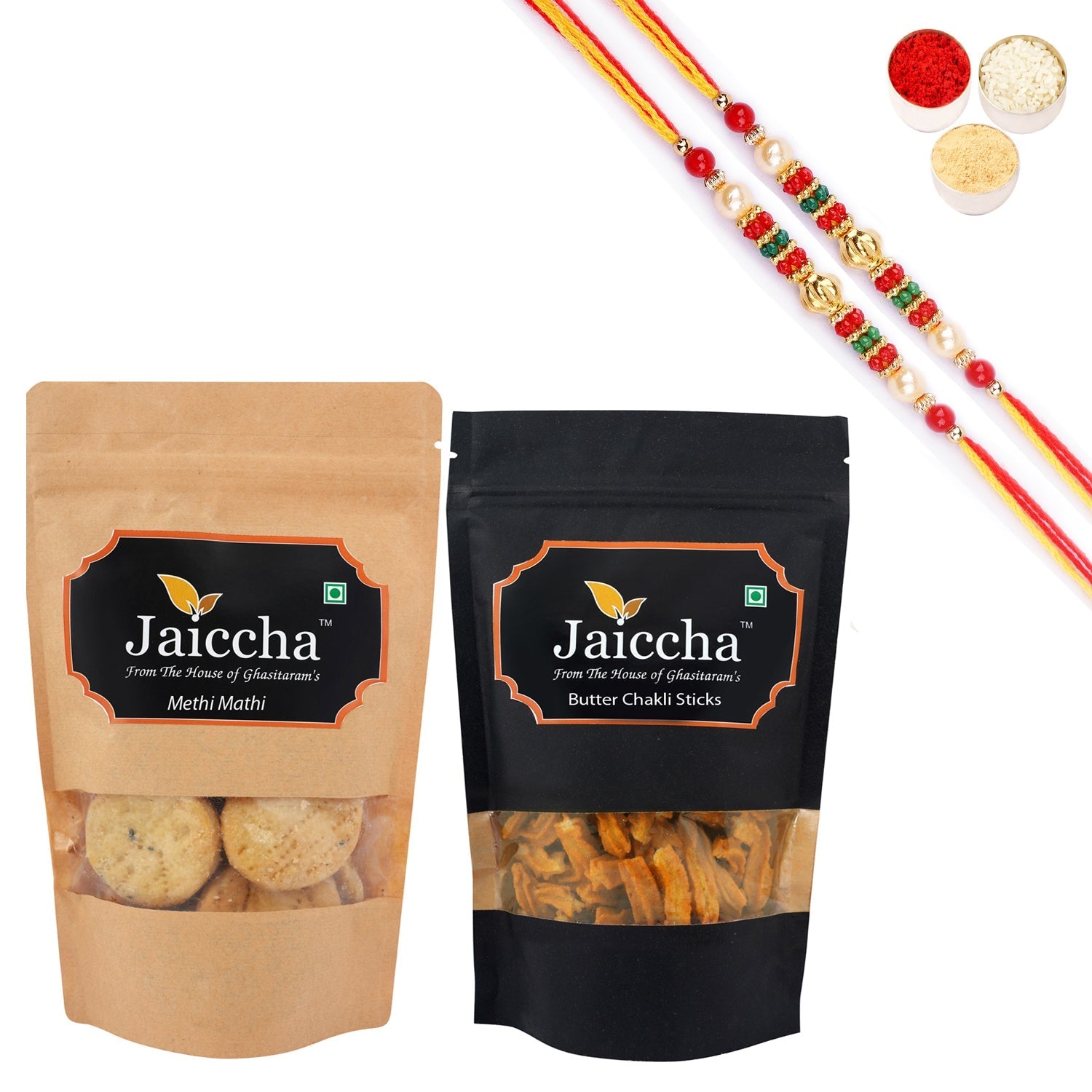 Ghasitaram Jaiccha Mewa Bites and Methi Mathi With 2 Pearl Beads Rakhis 