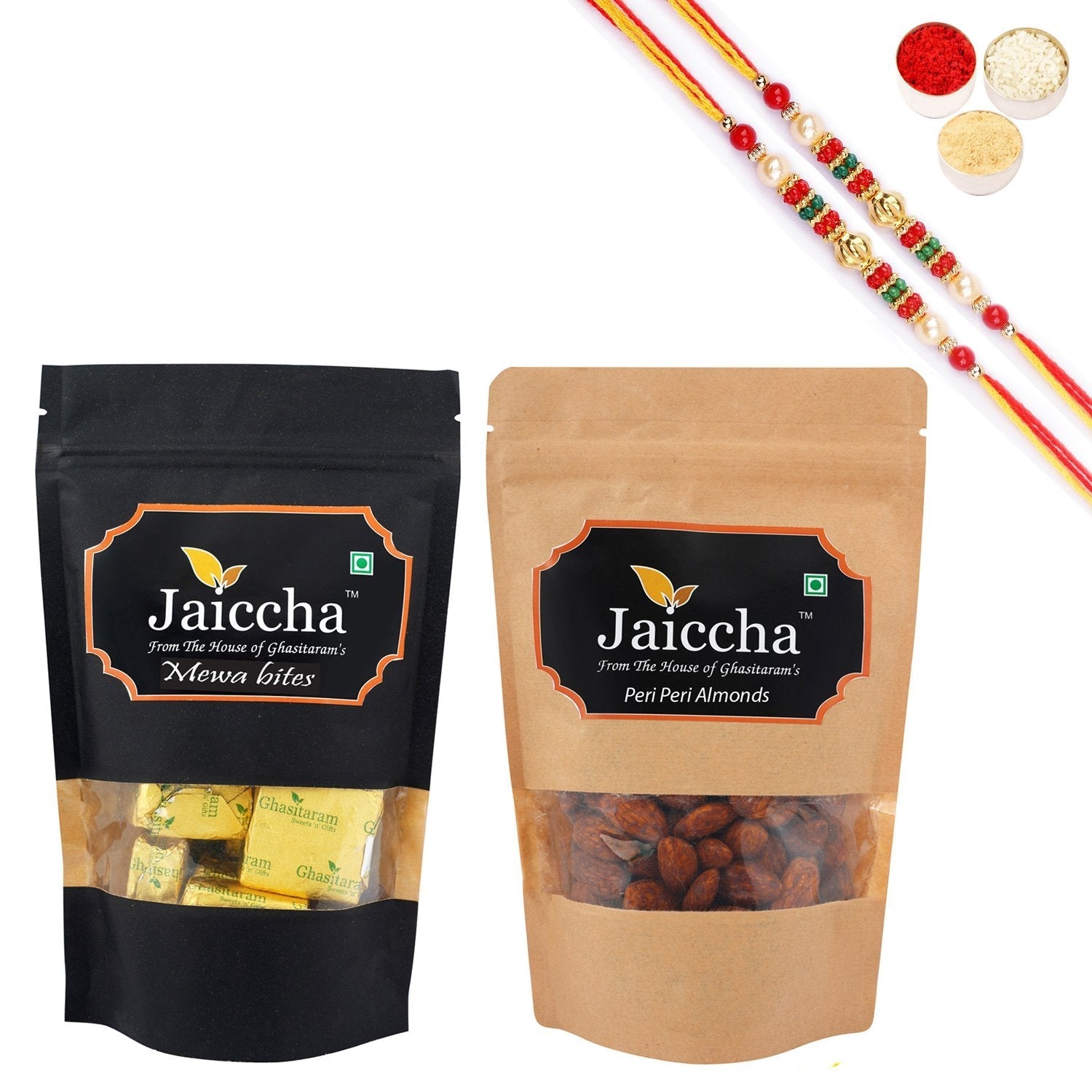 Ghasitaram Mewa Bites, Peri Peri Almonds With 2 Pearl Beads Rakhis 