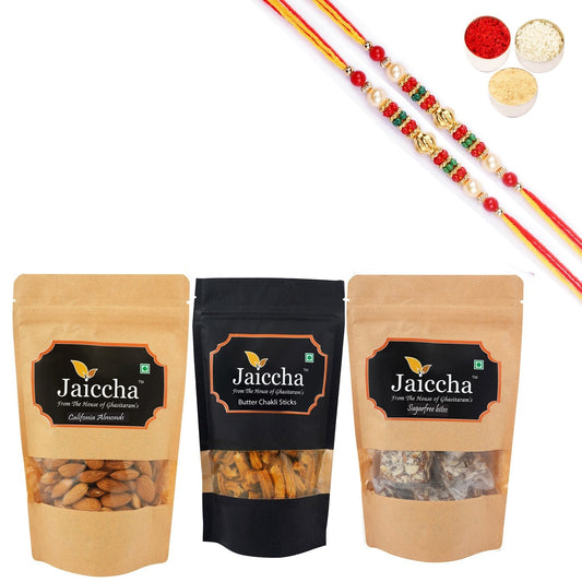 Ghasitaram Jaiccha Suagrfree Bites, Butter Chakli Sticks and Almonds With 2 Pearl Beads Rakhis 