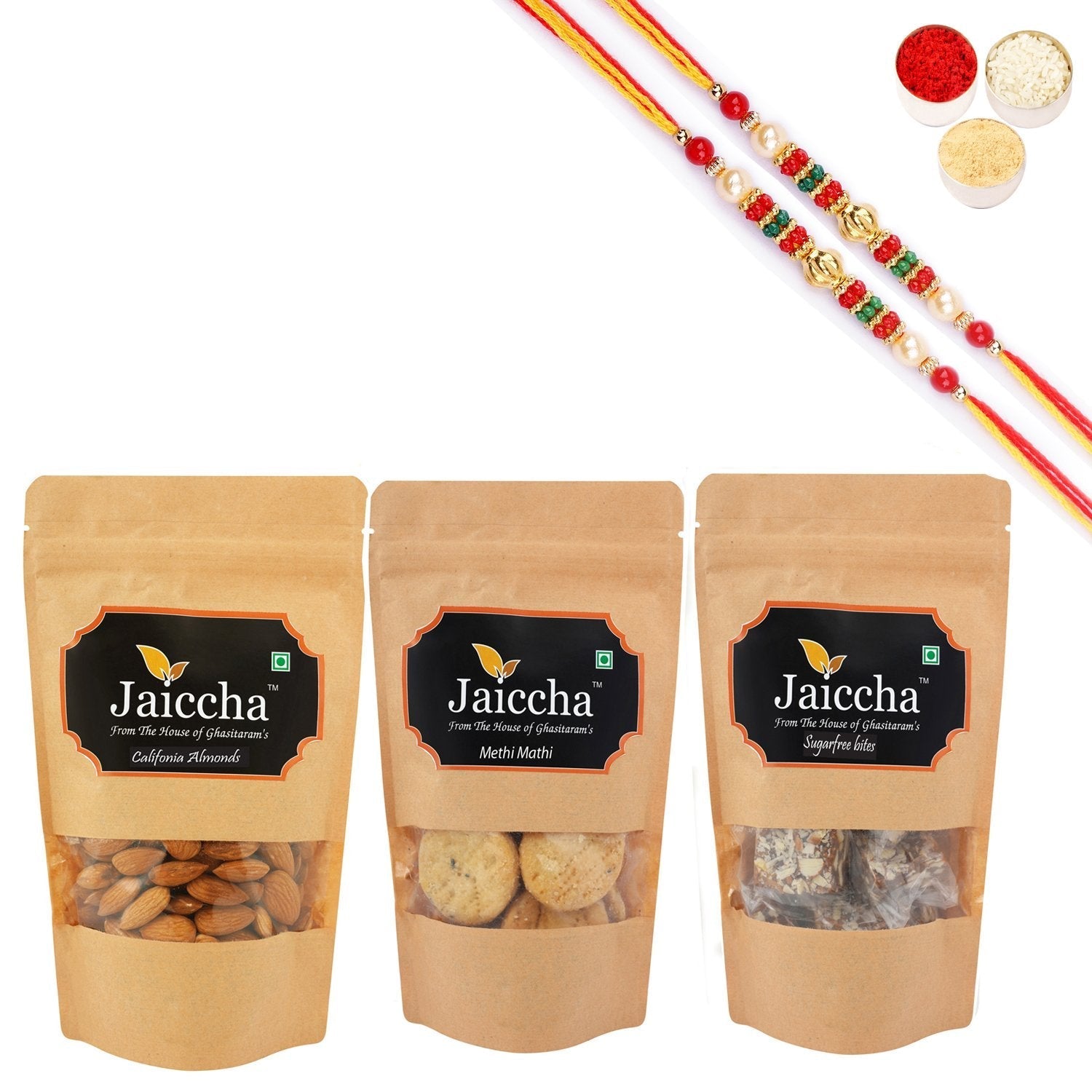 Ghasitaram Jaiccha Suagrfree Bites,Methi Mathi and Almonds With 2 Pearl Beads Rakhis 