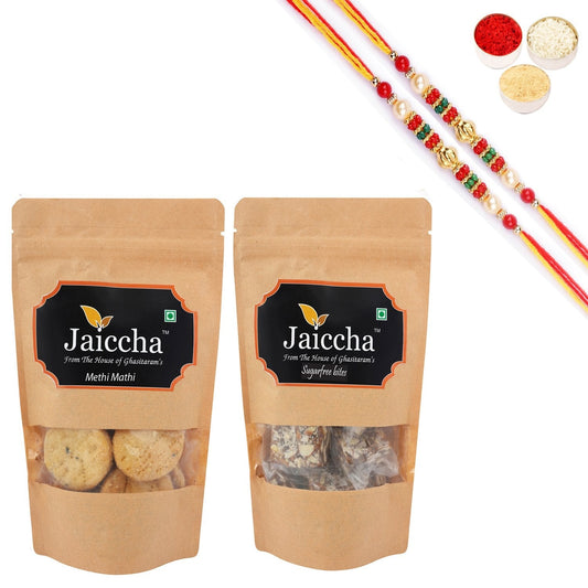 Ghasitaram Suagrfree Bites and Methi Mathi With 2 Pearl Beads Rakhis 