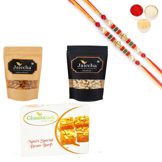 Ghasitaram Almonds,Cashews and Besan Barfi With Pearl Beads Rakhi 