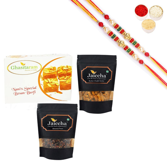 Ghasitaram Besan Barfi,Butter Chakli Sticks and Banarsi Paan With Pearl Beads Rakhi 