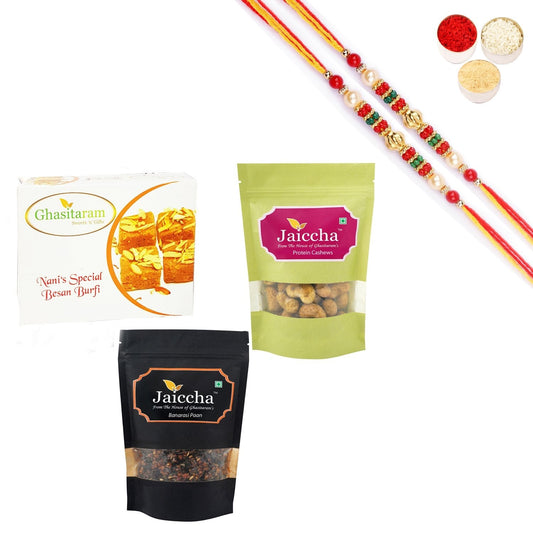 Ghasitaram Besan Barfi,Protein Cashews and Banarsi Paan With Pearl Beads Rakhi 