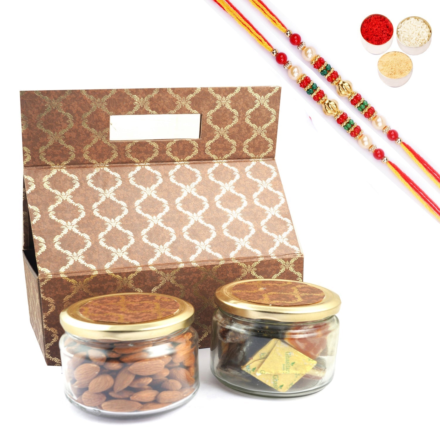 Ghasitaram Assorted Bites and Almonds With 2 Pearl Beads Rakhis 